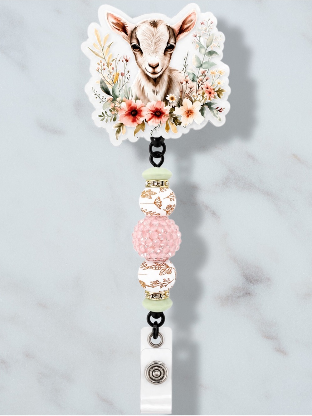 Goat Floral Beaded Badge Reel